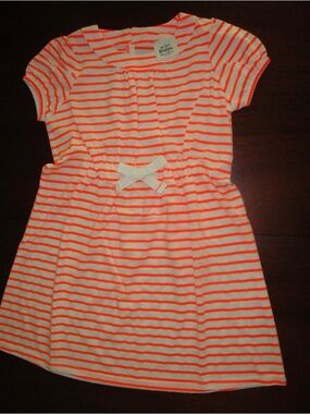 Mini Boden Neon Orange and Cream Striped Dress 4/5